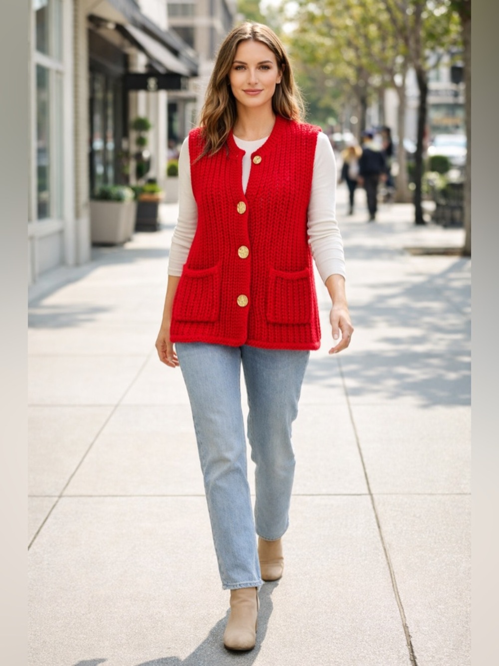 She + Sky Red Chunky Knit Sweater Vest Gold Button Pockets Womens Medium